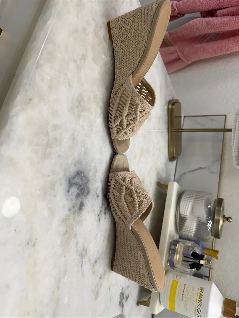 Veronica Beard Woven Macramé Slide Wedge in Beige